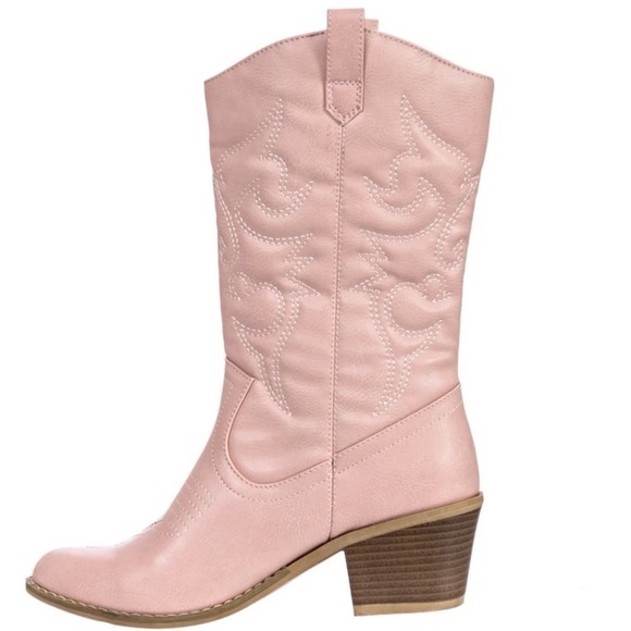 Charles Albert Shoes - Cowgirl Boots pink faux leather Mid-Calf Stiching Western Low Stacked Heel